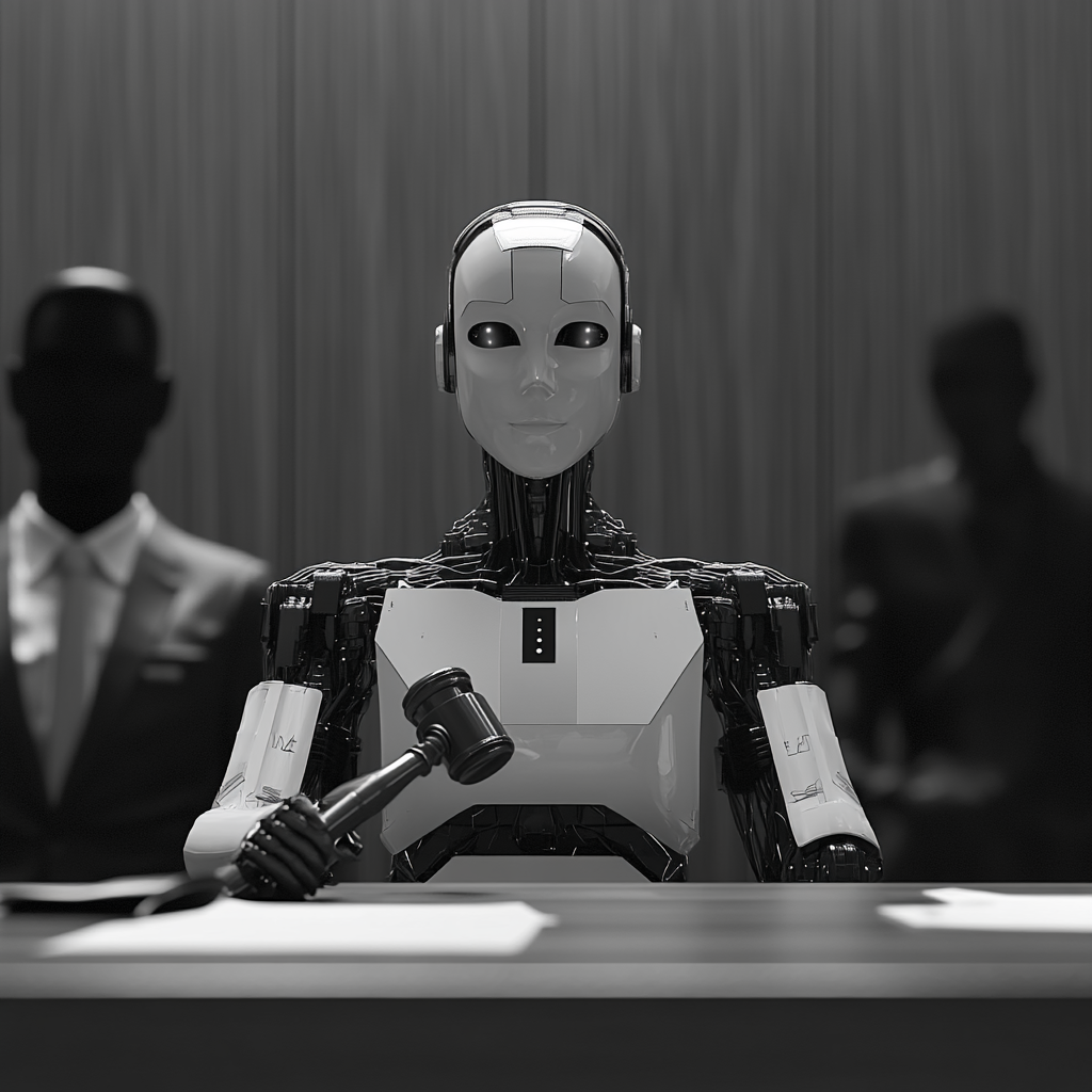 Una escena en blanco y negro de una sala de juicios donde una figura robótica, que representa la inteligencia artificial, está sentada en el banco del juez. El juez AI está en el centro, sosteniendo un mazo en su mano derecha, como si estuviera a punto de dictar un veredicto. Detrás de la figura de la IA, se pueden ver dos siluetas humanas desenfocadas, probablemente representando a profesionales legales u observadores en la sala, creando una atmósfera seria y autoritaria. El enfoque está en el juez AI, destacando el concepto de la IA tomando decisiones legales críticas.