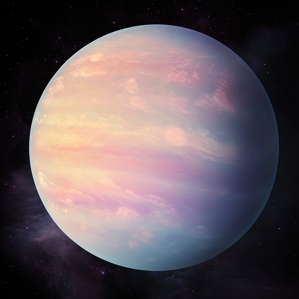 Representación artística del exoplaneta WASP-193b, un gigante gaseoso 50% más grande que Júpiter, con una atmósfera de colores pastel, principalmente rosados, morados y azules, que le da una apariencia suave y esponjosa, similar a una nube de algodón flotando en el espacio.