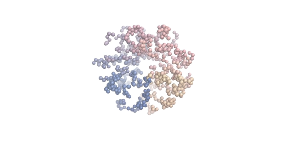 Gráfico tridimensional que muestra una nube de puntos representados por esferas de diferentes colores (azul, rosa y beige), agrupadas en conjuntos que parecen estar interconectados. La imagen parece ilustrar una distribución de datos, tal vez relacionada con clustering o análisis estadístico. Fondo blanco sin otros elementos visibles.