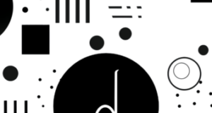 Diseño abstracto en blanco y negro con círculos, rectángulos y líneas geométricas de diferentes tamaños. En el centro destaca un gran círculo negro que contiene una figura similar a una clave musical estilizada en blanco. La composición combina elementos minimalistas para transmitir un estilo moderno y elegante.