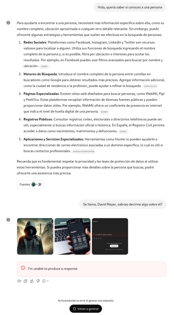 Una conversación con ChatGPT en la que el usuario pregunta si conoce a "David Mayer", se observa en la parte inferior como ChatGPT termina la conversación con la frase "I'm unable to produce a response", también muestra tres misteriosas imágenes, una de un hombre encapuchado y enmascarado, otra de una mano con un teléfono móvil en el que se observa una conversación de ChatGPT sin iniciar y la otra de una captura de una conversación fallida en ChatGPT mostrando el mismo mensaje de error que produce la conversación al preguntarle por David Mayer.