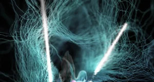Un concepto artístico abstracto con líneas finas y entrelazadas en tonos azul claro que fluyen sobre un fondo negro, creando una sensación de movimiento y energía. Dos haces de luz blanca intensa atraviesan la composición, destacando su contraste con las formas etéreas. En la parte inferior, se observa una estructura en tonos rosados y morados que parece flotar, añadiendo un elemento dinámico al diseño. La escena evoca una combinación de tecnología y naturaleza, con un enfoque en patrones orgánicos y lumínicos.