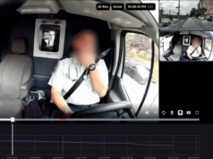 Cámaras con IA en la guantera para detectar la fatiga al volante Sistema de monitoreo del conductor con cámaras de salpicadero e inteligencia artificial: la imagen muestra a un conductor en el interior de un vehículo siendo grabado, con un análisis en tiempo real de datos como postura y movimientos, acompañado de gráficas de actividad en la parte inferior. También se observan vistas externas captadas por otras cámaras para un monitoreo completo.