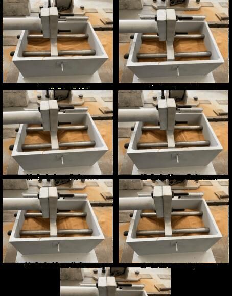 Serie de imágenes que muestran un prototipo del dispositivo antisísmico en acción. Se observa una caja rectangular con un mecanismo central y materiales granulares dentro, siendo comprimidos y desplazados durante las pruebas para demostrar su capacidad de disipación de energía.