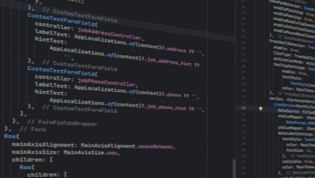 Una captura de pantalla de un editor de código con un tema oscuro. El código parece estar escrito en Dart, posiblemente en el contexto de Flutter, debido al uso de widgets y estructuras como Row, CustomTextFormField, AppLocalizations, y Navigator.pop(context). También se observan configuraciones de gráficos, con referencias a datos y propiedades como LineSeries y dataSource. El diseño incluye elementos como campos de texto personalizados, etiquetas, sugerencias y widgets para títulos y ayuda.