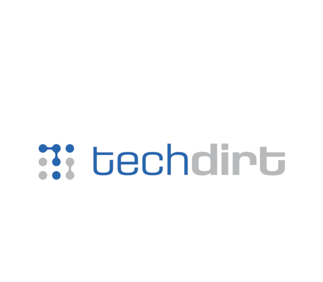 Logotipo de Techdirt, con un diseño limpio y moderno. El texto 'techdirt' está en letras minúsculas, combinando los colores azul y gris, acompañado de un ícono abstracto a la izquierda que representa una red de puntos conectados, simbolizando tecnología y conexión.