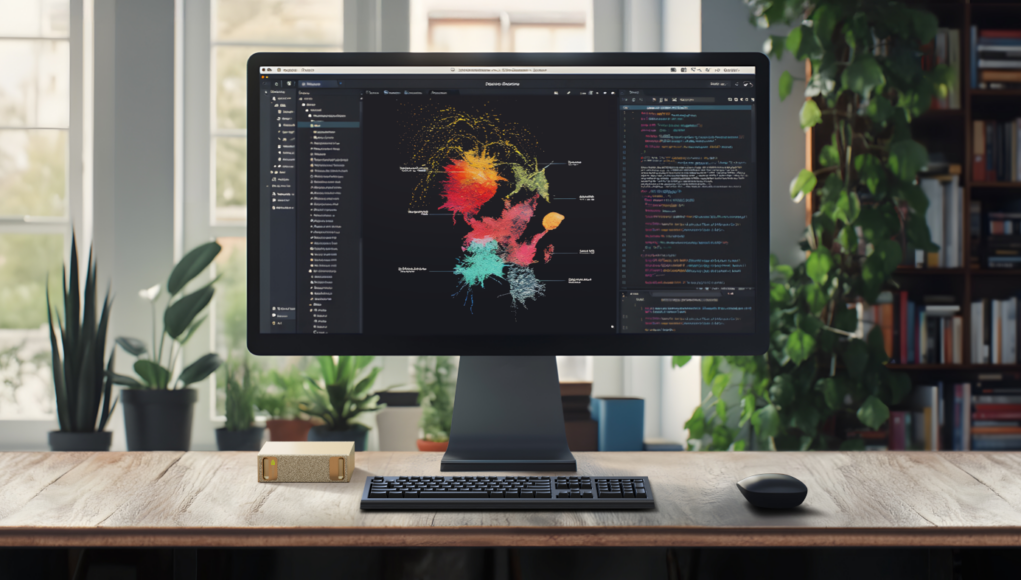 Un ordenador de escritorio en un entorno doméstico moderno, con una pantalla grande que muestra una visualización de datos colorida y compleja junto con código en un editor de texto oscuro. El escritorio tiene un teclado, un mouse y un dispositivo pequeño similar a una caja dorada. Al fondo, hay plantas decorativas y estanterías llenas de libros, lo que aporta un ambiente cálido y profesional.