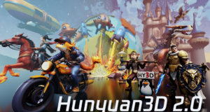 Ilustración promocional de Hunyuan3D 2.0 que muestra una escena vibrante y llena de creatividad. En el centro, cohetes coloridos despegan alrededor de un globo terráqueo en llamas, mientras personajes de estilo caricaturesco y realista interactúan a su alrededor. Destacan una figura humana en armadura dorada con un escudo y una espada, un dinosaurio, un mono sosteniendo herramientas, un pingüino con un cartel que dice "HY3D", y una figura antropomórfica montando una motocicleta. De fondo, se aprecia un castillo de cuento de hadas y un dirigible flotando en el cielo. El texto "Hunyuan3D 2.0" resalta en la parte inferior derecha, representando el concepto de creatividad ilimitada en el diseño 3D.