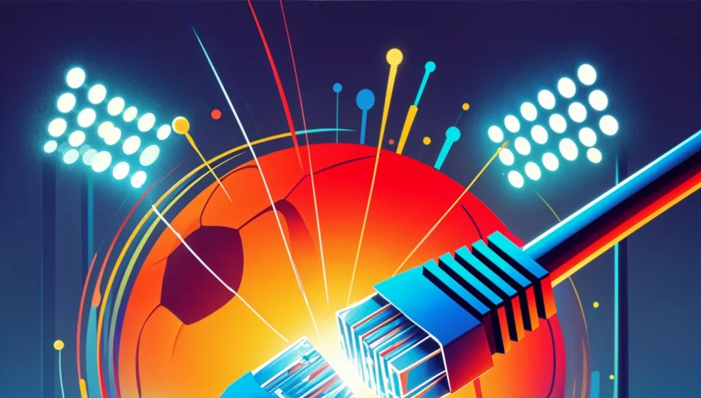 Ilustración vibrante que muestra un cable de red cortado frente a un fondo con temática de fútbol. Un balón brillante ocupa el centro de la escena, rodeado de luces de estadio y elementos gráficos de conectividad digital. En la parte inferior derecha, se ve una portería de fútbol, simbolizando la relación entre el deporte y el bloqueo de internet.