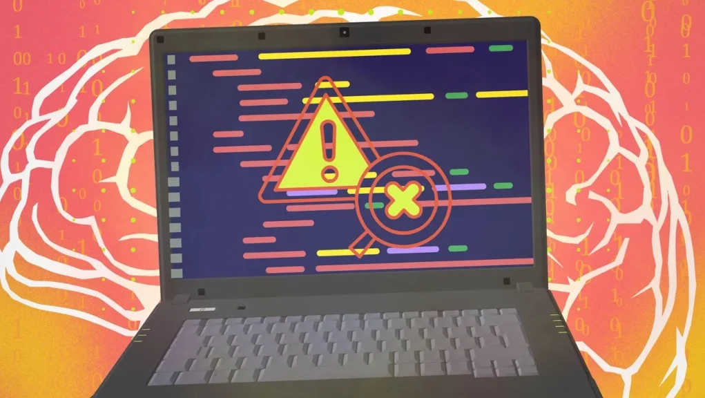 Ilustración de una computadora portátil con una pantalla que muestra un icono de advertencia en forma de triángulo con un signo de exclamación y un círculo con una "X", sobre un fondo de líneas de código de colores. Detrás, se visualiza una representación abstracta de un cerebro con tonos anaranjados y binarios en color amarillo, simbolizando la relación entre la inteligencia artificial y la ciberseguridad.