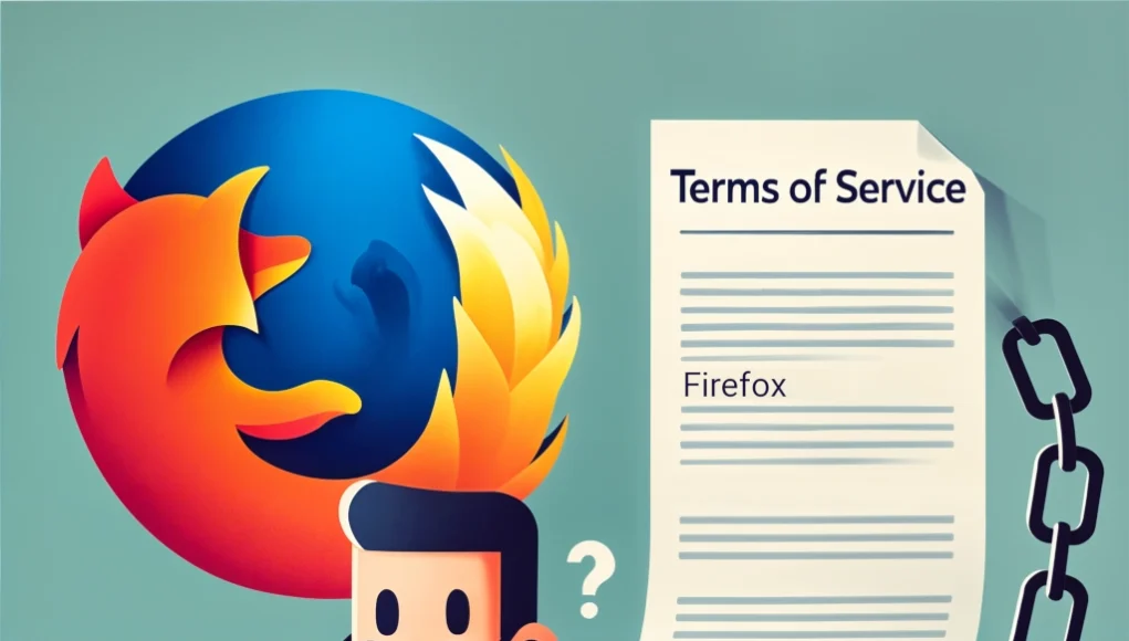 Ilustración en estilo plano y moderno que representa preocupaciones sobre la privacidad en navegadores web. En la imagen, un usuario con gafas y expresión confundida está sentado frente a su laptop, que tiene un logotipo similar al de Firefox. Detrás de él, un gran logo de Firefox domina el fondo. Un documento flotante titulado 'Terms of Service' (Términos de Servicio) está conectado al usuario por una cadena, simbolizando restricciones impuestas por los términos legales.