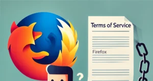 Ilustración en estilo plano y moderno que representa preocupaciones sobre la privacidad en navegadores web. En la imagen, un usuario con gafas y expresión confundida está sentado frente a su laptop, que tiene un logotipo similar al de Firefox. Detrás de él, un gran logo de Firefox domina el fondo. Un documento flotante titulado 'Terms of Service' (Términos de Servicio) está conectado al usuario por una cadena, simbolizando restricciones impuestas por los términos legales.
