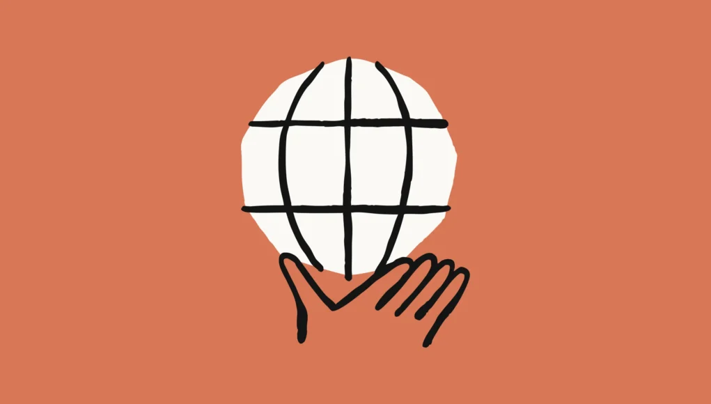 Ilustración minimalista de un globo terráqueo sostenido por dos manos sobre un fondo color terracota. El globo está representado con líneas negras que forman una cuadrícula, simbolizando la interconexión global y la responsabilidad compartida.