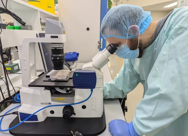 Investigador en un laboratorio observando una muestra a través de un microscopio. Lleva bata, guantes, mascarilla y una cofia protectora. El entorno del laboratorio incluye equipos especializados, sugiriendo un estudio avanzado en biotecnología o neurociencia.