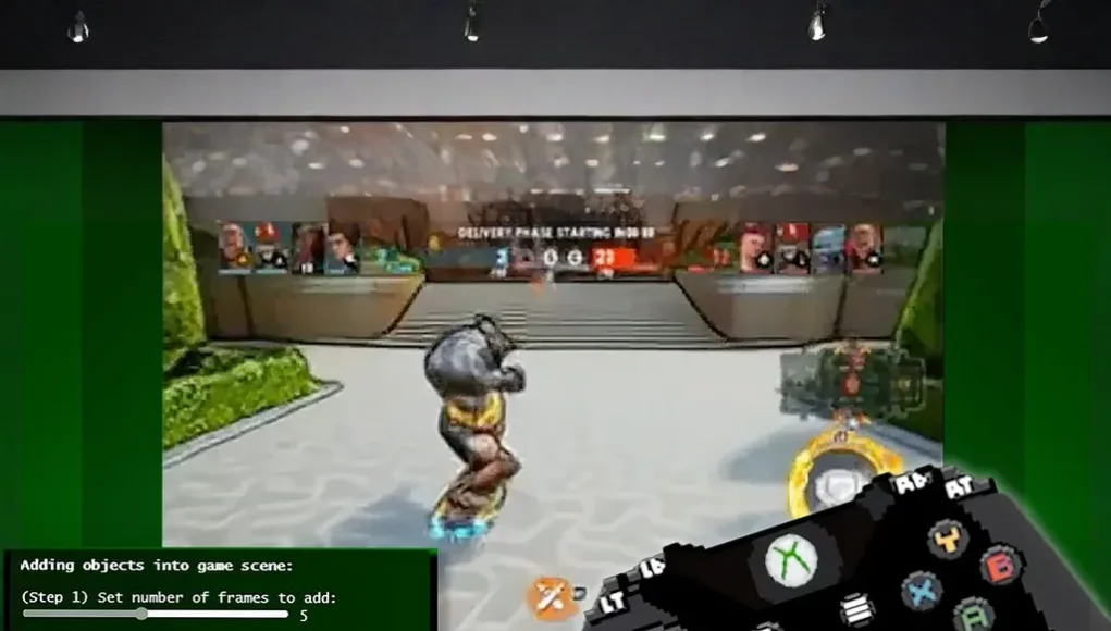 Captura de pantalla de un videojuego con un personaje en combate en una arena futurista. En la parte inferior derecha, aparece un control de Xbox en estilo pixelado. A la izquierda, una interfaz verde muestra un menú de opciones para agregar objetos al escenario del juego, permitiendo seleccionar el número de cuadros, el tipo de objeto y su posición en la escena.