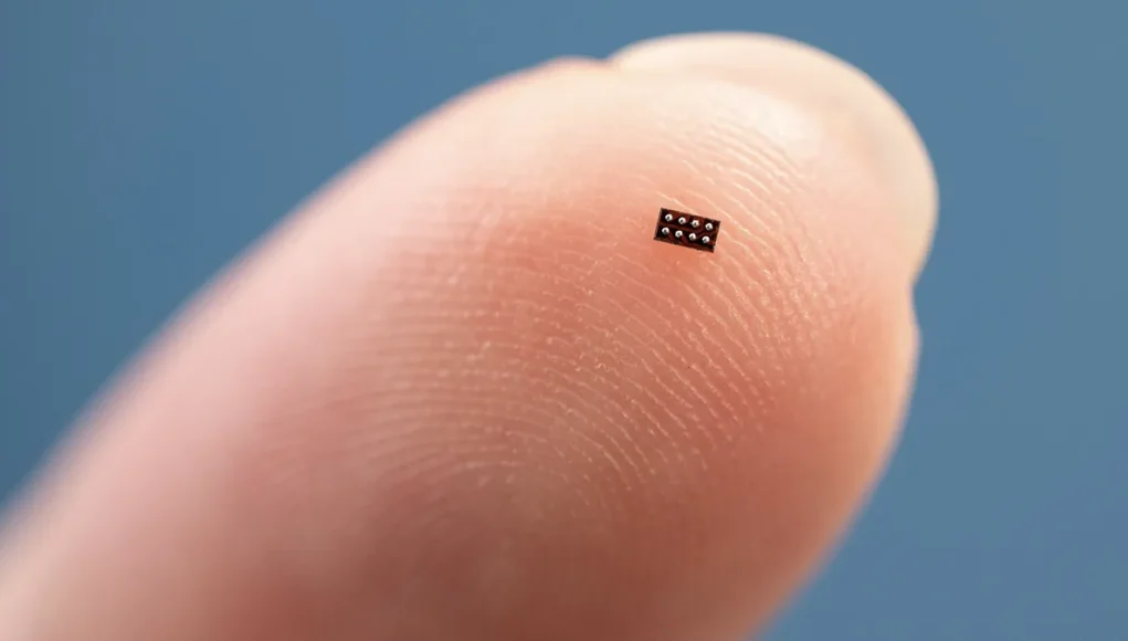 Primer plano de la yema de un dedo con un microchip extremadamente pequeño colocado sobre ella. El microchip es de color oscuro y tiene varias conexiones metálicas visibles en su superficie. El fondo es un color azul uniforme, resaltando el tamaño diminuto del componente electrónico en comparación con la piel humana.