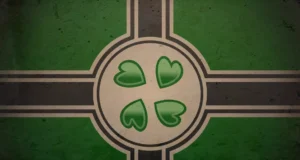 Ilustración de una bandera estilizada en tonos verde, negro y beige. En el centro hay un círculo con cuatro corazones verdes orientados como los pétalos de un trébol. La composición recuerda a una cruz nórdica, con líneas negras y bordes claros que se extienden horizontal y verticalmente desde el centro.