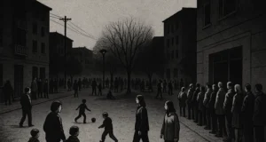 Ilustración en blanco y negro de una ciudad durante un apagón, con personas reunidas en parques, niños jugando con una pelota, adultos conversando en la calle y largas filas frente a tiendas, en un ambiente de convivencia y calma.