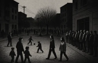 Ilustración en blanco y negro de una ciudad durante un apagón, con personas reunidas en parques, niños jugando con una pelota, adultos conversando en la calle y largas filas frente a tiendas, en un ambiente de convivencia y calma.