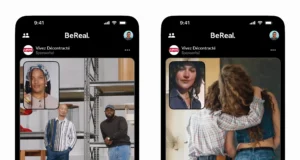 Captura de pantalla de dos teléfonos mostrando anuncios patrocinados en la app BeReal. Ambos anuncios son de Levi's con el lema "Vivez Décontracté" y muestran personas usando jeans holgados en poses naturales. En la imagen de la izquierda, dos hombres posan en un almacén industrial, mientras que en la derecha, dos mujeres se abrazan de espaldas. Ambos anuncios incluyen una pequeña imagen frontal del usuario, un botón "Voir plus" y el mensaje en francés: “Notre denim le plus baggy pour vous laisser libre d’être vous même.”
