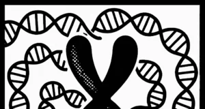 Ilustración en blanco y negro de un cromosoma en forma de X en el centro, rodeado por múltiples hebras de ADN representadas como doble hélice entrelazada. Las líneas gruesas y contrastes sólidos crean una composición simétrica y estilizada que simboliza la compactación del ADN durante la división celular.
