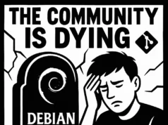 ¿Está Debian en peligro de extinción? Voces de la comunidad alertan sobre su futuro Ilustración en blanco y negro que muestra a un joven con expresión preocupada junto a una lápida con el logo de Debian y la palabra 'Debian' inscrita. Encima, un gran texto dice 'THE COMMUNITY IS DYING', acompañado de un ícono de Git. El estilo es editorial, con líneas gruesas y contrastes marcados.