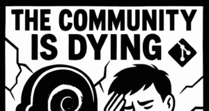 Ilustración en blanco y negro que muestra a un joven con expresión preocupada junto a una lápida con el logo de Debian y la palabra 'Debian' inscrita. Encima, un gran texto dice 'THE COMMUNITY IS DYING', acompañado de un ícono de Git. El estilo es editorial, con líneas gruesas y contrastes marcados.