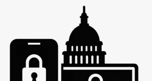 Ilustración en blanco y negro que muestra un teléfono inteligente y una laptop con íconos de candado en sus pantallas, representando dispositivos desechables y seguros. Al fondo se distingue la silueta del edificio del Capitolio de los Estados Unidos, lo que sugiere un contexto político y de ciberseguridad. El estilo es vectorial, minimalista y de alto contraste.