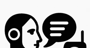 Ilustración vectorial en blanco y negro que muestra una cabeza de robot humanoide a la izquierda con un diseño elegante y minimalista. Frente a él, una burbuja de diálogo indica comunicación, y a la derecha se encuentra un altavoz inteligente con antena, ícono de Wi-Fi y una rejilla de puntos. La composición transmite la interacción entre inteligencia artificial y dispositivos de voz de forma moderna y estilizada.