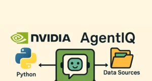 Ilustración vectorial 2D que representa un sistema de inteligencia artificial modular usando AgentIQ de NVIDIA. Incluye elementos como un chatbot, herramientas, modelos de IA, bases de datos y múltiples fuentes de datos, todos conectados por flechas que indican el flujo de información. Los elementos están diseñados con colores planos en tonos verdes, azules, amarillos y naranjas, reflejando un estilo moderno y tecnológico.