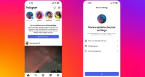 Captura de pantalla de dos vistas de la aplicación de Instagram en un iPhone. La primera muestra el feed principal con una notificación que dice "We've updated your safety settings", invitando al usuario a revisar sus ajustes de seguridad. La segunda muestra una pantalla de configuración titulada "Review updates to your settings", con opciones para gestionar quién puede interactuar con el usuario, qué contenido ve y cómo administrar su tiempo en la app. El fondo es un degradado de colores naranja, rosa y púrpura característico de Instagram.