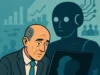 Ilustración digital de un hombre preocupado frente a su laptop, con la silueta de un robot detrás y gráficos en el fondo que representan el avance de la inteligencia artificial.