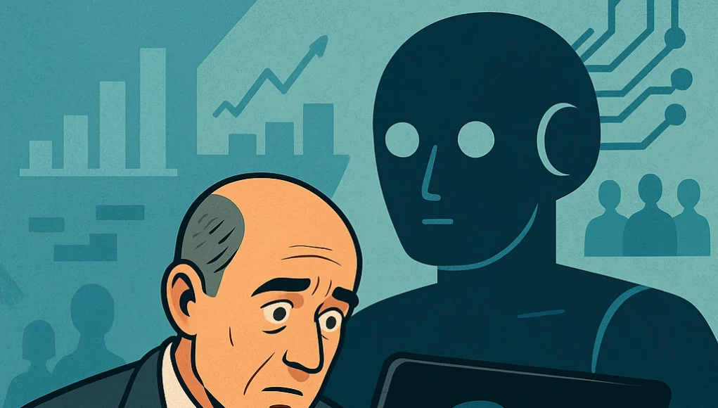 Ilustración digital de un hombre preocupado frente a su laptop, con la silueta de un robot detrás y gráficos en el fondo que representan el avance de la inteligencia artificial.