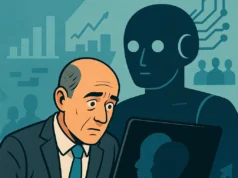 ¿Estamos condenados? El CEO de Fiverr advierte que la IA está tomando control de los trabajos Ilustración digital de un hombre preocupado frente a su laptop, con la silueta de un robot detrás y gráficos en el fondo que representan el avance de la inteligencia artificial.