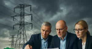 Tres expertos con traje y gesto serio analizan gráficos y mapas sobre una mesa, mientras al fondo se observa una red de torres eléctricas bajo un cielo nublado. En primer plano, un gráfico en forma de cuadrícula muestra la península ibérica destacada, con España y Portugal en rojo y una línea descendente que simboliza el colapso eléctrico ocurrido en la región.