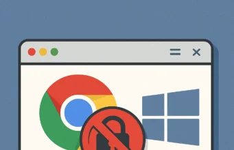Ilustración digital en 2D que muestra una ventana del navegador Google Chrome junto al logotipo de Windows, con un símbolo de candado tachado en rojo superpuesto, representando la desactivación de los permisos de administrador para mejorar la seguridad en sistemas Windows. El fondo es azul y la composición transmite una sensación de protección y control.