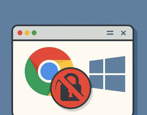 Ilustración digital en 2D que muestra una ventana del navegador Google Chrome junto al logotipo de Windows, con un símbolo de candado tachado en rojo superpuesto, representando la desactivación de los permisos de administrador para mejorar la seguridad en sistemas Windows. El fondo es azul y la composición transmite una sensación de protección y control.