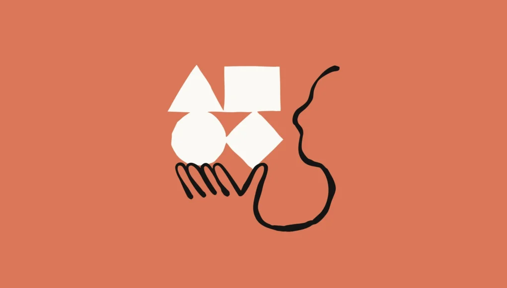 Ilustración minimalista sobre fondo naranja que muestra una silueta negra de una cabeza de perfil observando una mano estilizada que sostiene cuatro figuras geométricas blancas: un triángulo, un cuadrado, un círculo y un rombo, representando conceptos abstractos como el pensamiento, la percepción o el conocimiento.