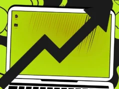 Cinco factores que impulsan el crecimiento de Linux en el escritorio Ilustración estilizada de un portátil con fondo verde y escritorio Linux visible, donde destaca una gran flecha negra ascendente que simboliza crecimiento o éxito. Alrededor del portátil se aprecian formas abstractas en tonos verdes, aportando un estilo moderno y dinámico.