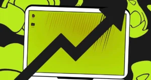 Ilustración estilizada de un portátil con fondo verde y escritorio Linux visible, donde destaca una gran flecha negra ascendente que simboliza crecimiento o éxito. Alrededor del portátil se aprecian formas abstractas en tonos verdes, aportando un estilo moderno y dinámico.