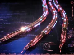 Japón logra récord mundial de velocidad de internet de 1 millón de GB por segundo a través de 1,800 kilómetros Ilustración digital de tres cables de datos con luces y códigos binarios fluyendo a través de ellos, representando la transferencia de información en una red sobre un fondo oscuro con elementos gráficos tecnológicos.