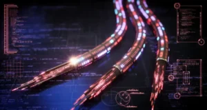 Ilustración digital de tres cables de datos con luces y códigos binarios fluyendo a través de ellos, representando la transferencia de información en una red sobre un fondo oscuro con elementos gráficos tecnológicos.