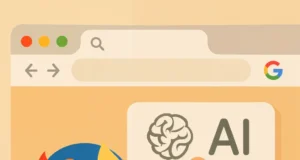 Ilustración en estilo plano de una interfaz de navegador web con el logotipo de Firefox. Una mano apunta hacia un botón que muestra el ícono de una inteligencia artificial y las letras "AI", simbolizando la integración de herramientas de búsqueda impulsadas por IA en el navegador.