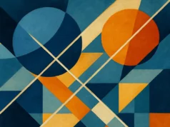 Galileo enfrenta problemas de comunicación durante pruebas de servicio en Europa Composición abstracta de formas geométricas en tonos azul, naranja y beige. La imagen presenta dos círculos grandes en los extremos superior izquierdo y superior derecho, atravesados por líneas diagonales que cruzan el lienzo. Diversas figuras como triángulos, rectángulos y trapecios se interconectan, generando un patrón dinámico que sugiere movimiento y complejidad, evocando una sensación tecnológica y estructurada.