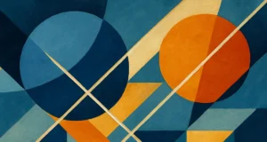 Composición abstracta de formas geométricas en tonos azul, naranja y beige. La imagen presenta dos círculos grandes en los extremos superior izquierdo y superior derecho, atravesados por líneas diagonales que cruzan el lienzo. Diversas figuras como triángulos, rectángulos y trapecios se interconectan, generando un patrón dinámico que sugiere movimiento y complejidad, evocando una sensación tecnológica y estructurada.