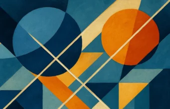 Composición abstracta de formas geométricas en tonos azul, naranja y beige. La imagen presenta dos círculos grandes en los extremos superior izquierdo y superior derecho, atravesados por líneas diagonales que cruzan el lienzo. Diversas figuras como triángulos, rectángulos y trapecios se interconectan, generando un patrón dinámico que sugiere movimiento y complejidad, evocando una sensación tecnológica y estructurada.