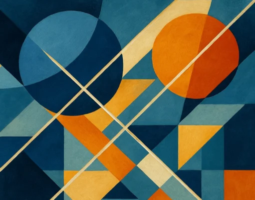 Composición abstracta de formas geométricas en tonos azul, naranja y beige. La imagen presenta dos círculos grandes en los extremos superior izquierdo y superior derecho, atravesados por líneas diagonales que cruzan el lienzo. Diversas figuras como triángulos, rectángulos y trapecios se interconectan, generando un patrón dinámico que sugiere movimiento y complejidad, evocando una sensación tecnológica y estructurada.