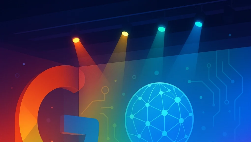 Ilustración digital de un escenario futurista iluminado con focos en colores de Google; a la izquierda destaca una “G” gigante y, al fondo, un globo holográfico con nodos que simboliza la IA y la conectividad.