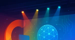 Ilustración digital de un escenario futurista iluminado con focos en colores de Google; a la izquierda destaca una “G” gigante y, al fondo, un globo holográfico con nodos que simboliza la IA y la conectividad.