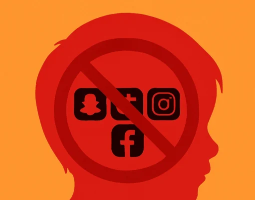 Ilustración de perfil de un niño en rojo sobre fondo naranja, con un símbolo de prohibición que cubre íconos de redes sociales como Snapchat, TikTok, Facebook e Instagram dentro de su cabeza.